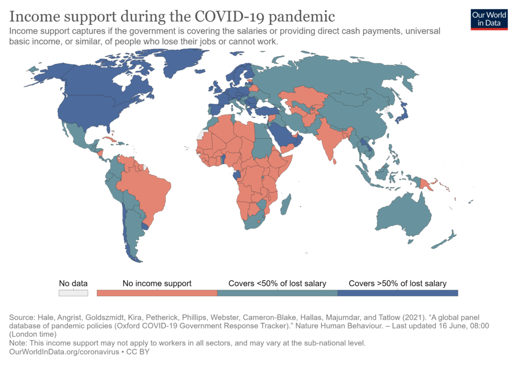  Infografikken forklarer, hvor meget landene støtter deres borgere i gennemsnit under nedlukningerne i coronakrisen. Denne infografik er næsten udelukkende sat sammen med billeder.